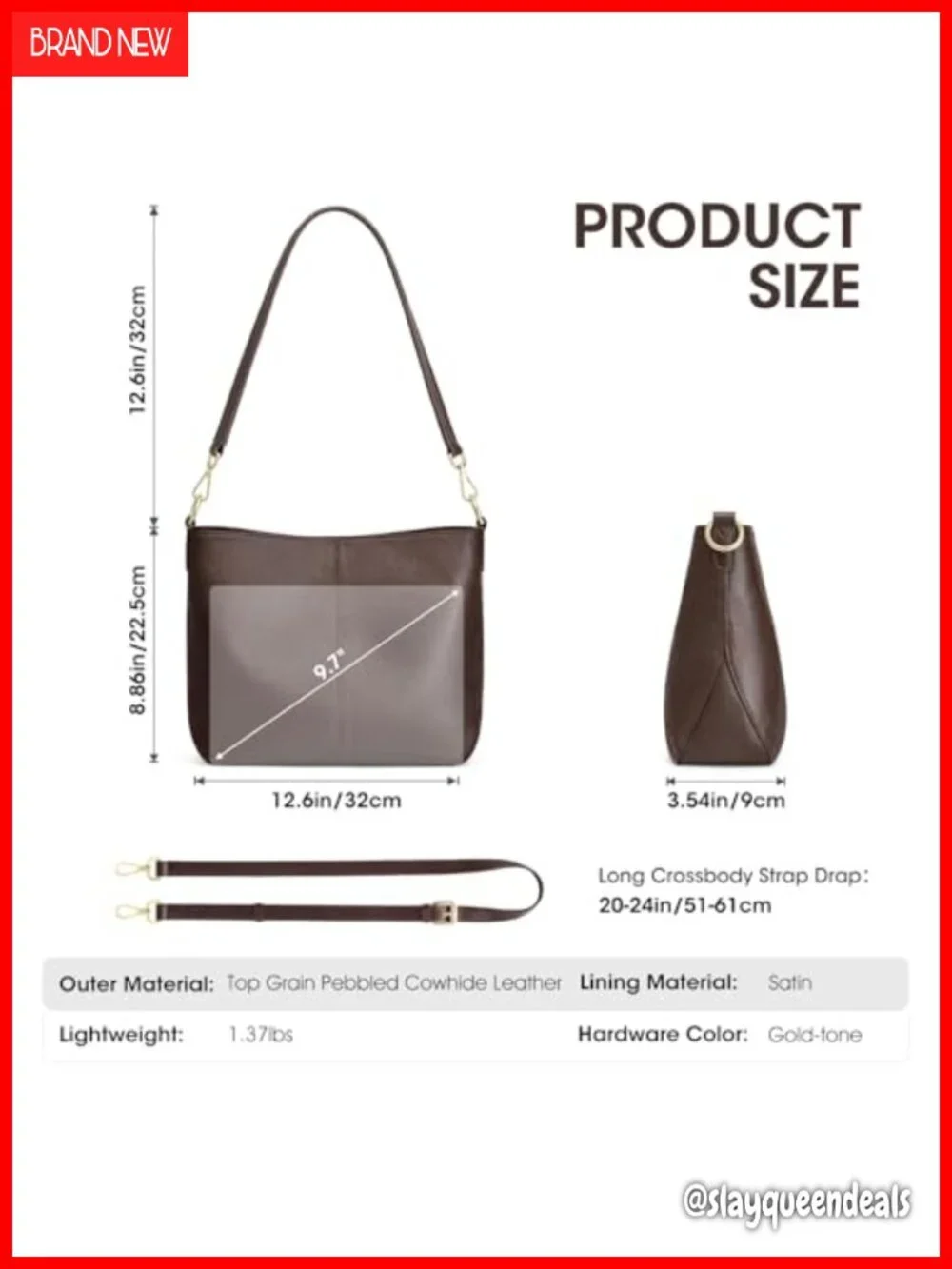 Genuine Leather Crossbody Hobo Bag with 2 Straps, Slip Pocket, Coffee